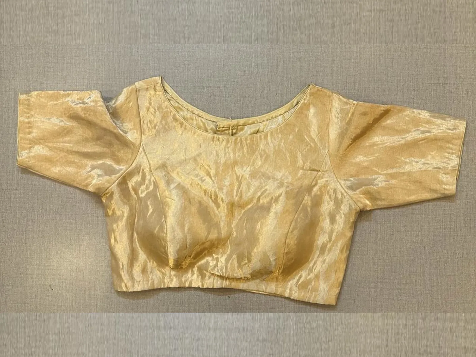 42A041 Cream Tissue Saree Blouse With Elbow Sleeves