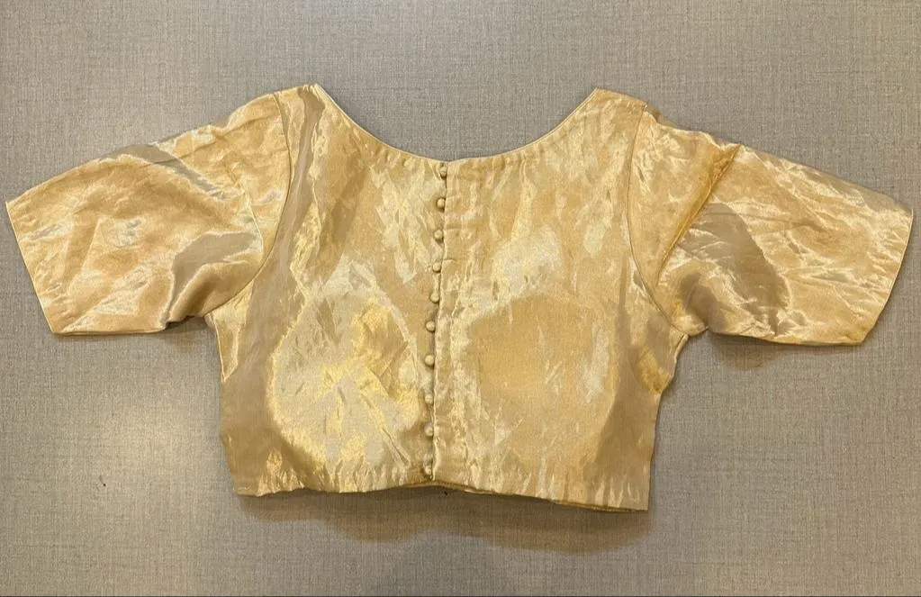 42A041 Cream Tissue Saree Blouse With Elbow Sleeves