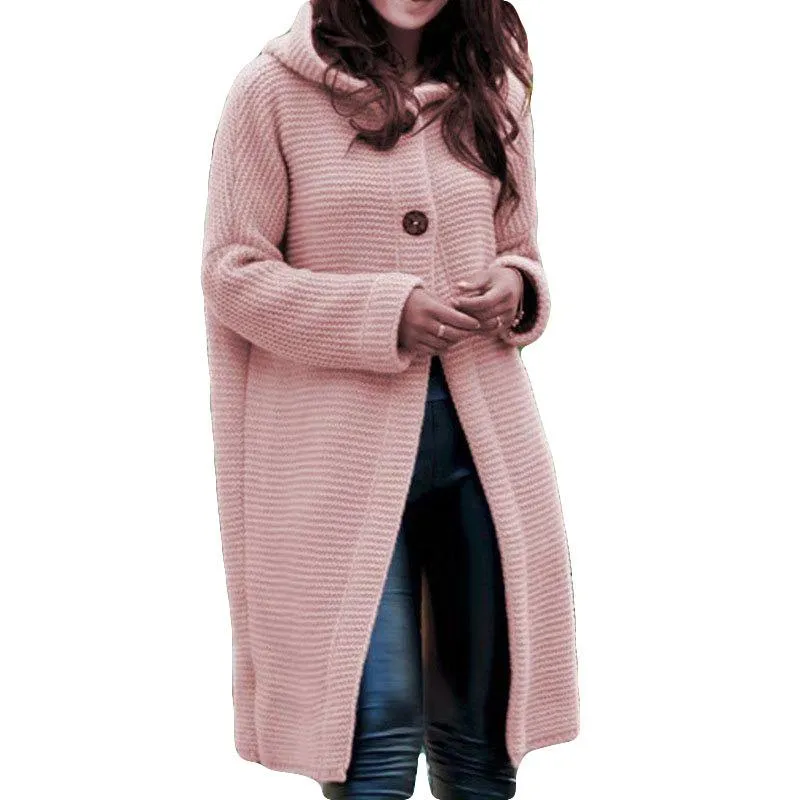 Autumn and winter solid color two-button knit sweater long hooded sweater coat