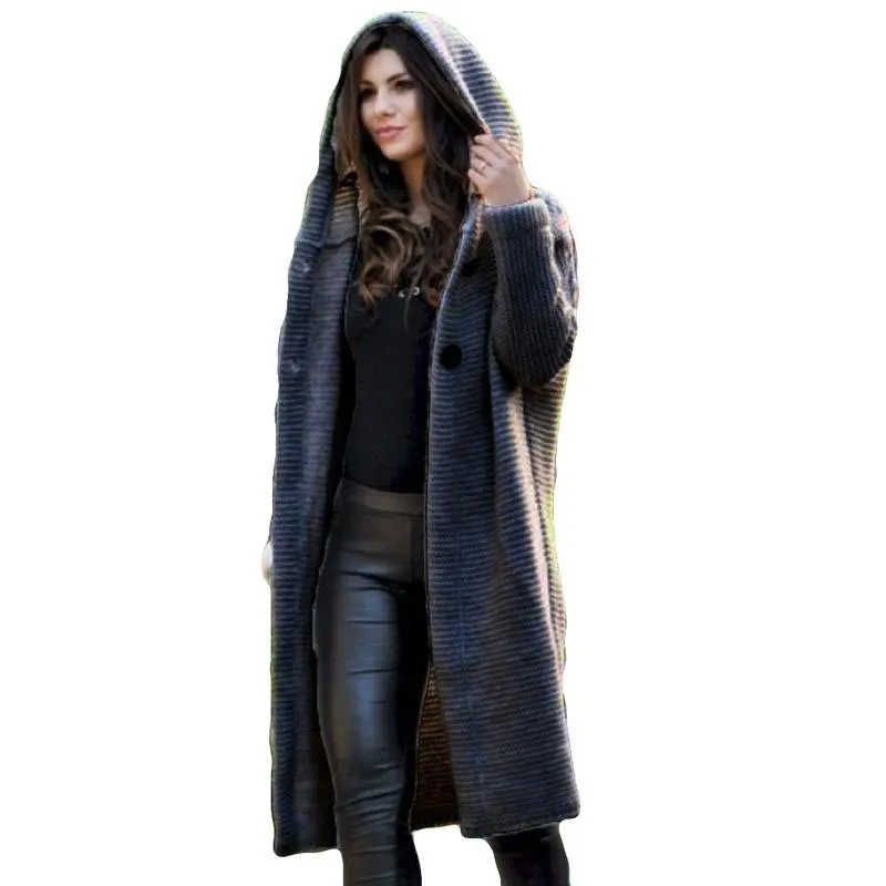Autumn and winter solid color two-button knit sweater long hooded sweater coat
