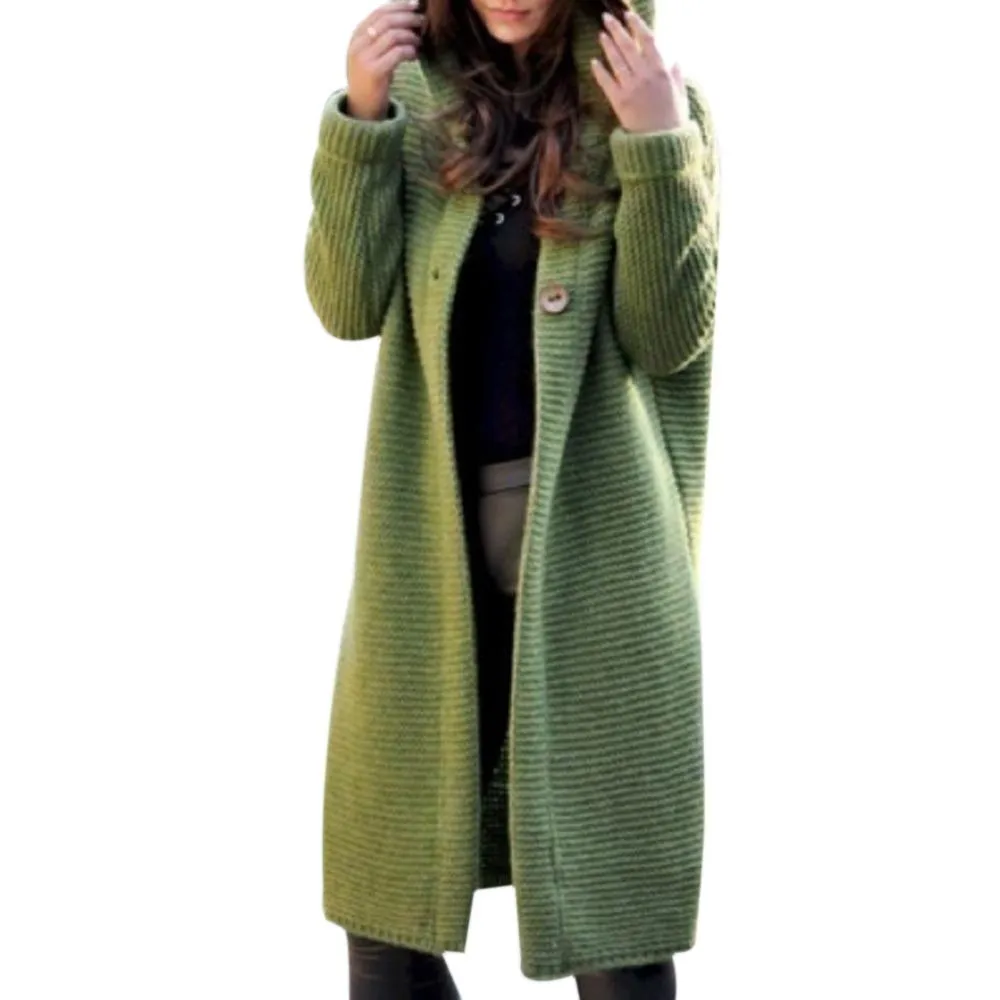 Autumn and winter solid color two-button knit sweater long hooded sweater coat
