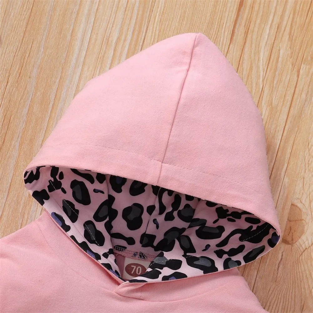 Baby Girls Long Sleeve Hooded Leopard Letter Printed Top & Pants & Headband baby Three Piece Set