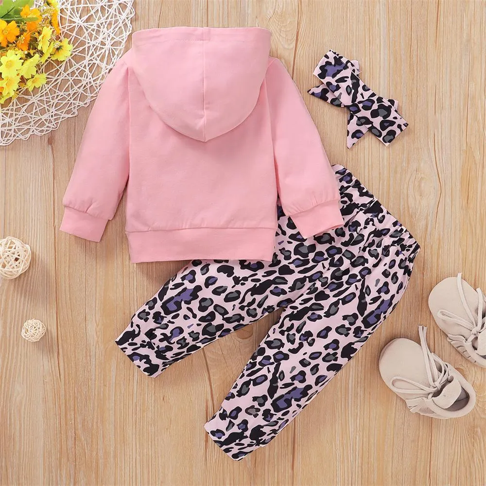 Baby Girls Long Sleeve Hooded Leopard Letter Printed Top & Pants & Headband baby Three Piece Set