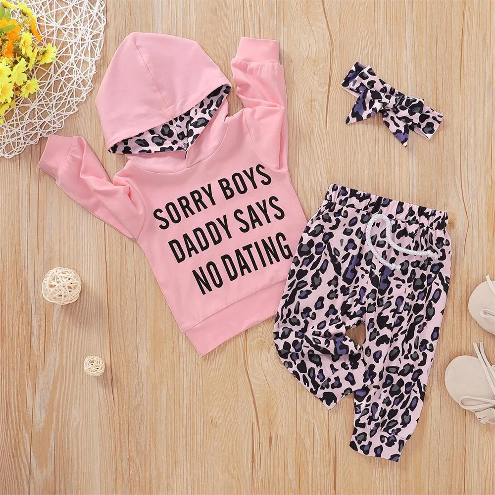 Baby Girls Long Sleeve Hooded Leopard Letter Printed Top & Pants & Headband baby Three Piece Set