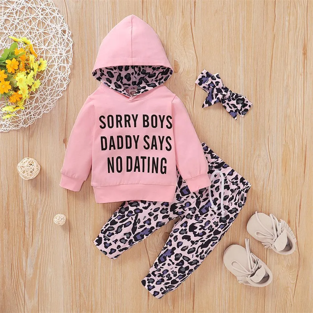Baby Girls Long Sleeve Hooded Leopard Letter Printed Top & Pants & Headband baby Three Piece Set