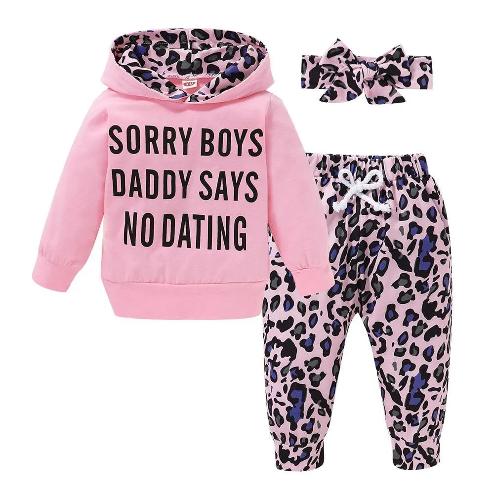 Baby Girls Long Sleeve Hooded Leopard Letter Printed Top & Pants & Headband baby Three Piece Set