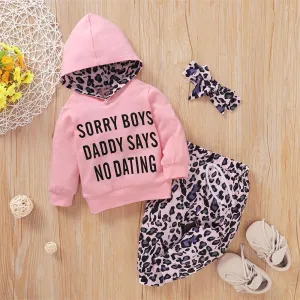 Baby Girls Long Sleeve Hooded Leopard Letter Printed Top & Pants & Headband baby Three Piece Set