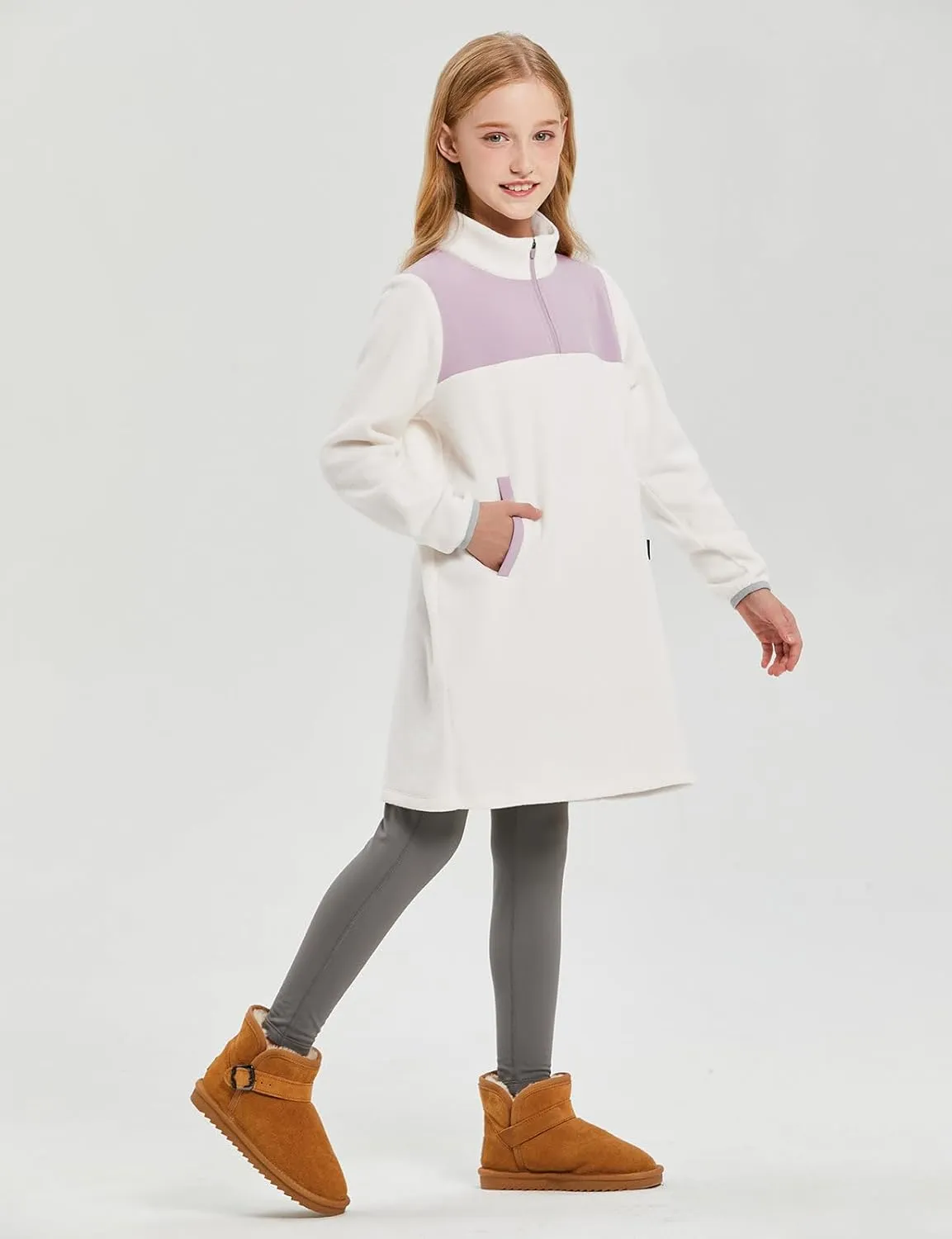baleaf Girls Fleece Dress Thermal Pullover Long Polar Tunic Sweatshirt Quarter Zip Winter Outfits Pocket