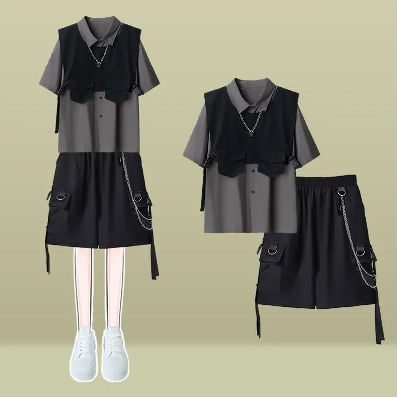 Black Buckle Pocket Vest T-Shirt Chain Cargo Shorts Pants