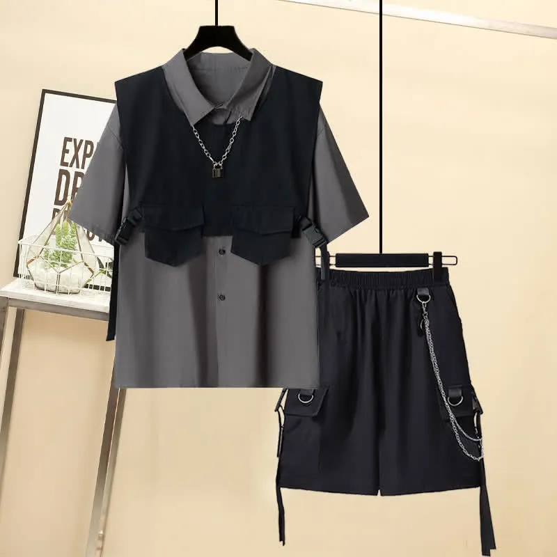 Black Buckle Pocket Vest T-Shirt Chain Cargo Shorts Pants