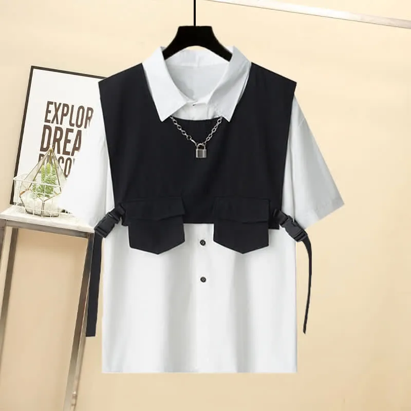 Black Buckle Pocket Vest T-Shirt Chain Cargo Shorts Pants