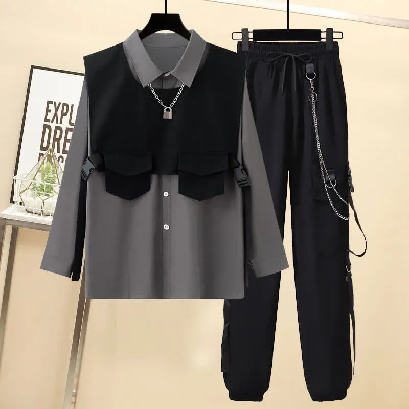 Black Buckle Pocket Vest T-Shirt Chain Cargo Shorts Pants