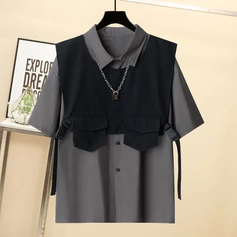 Black Buckle Pocket Vest T-Shirt Chain Cargo Shorts Pants