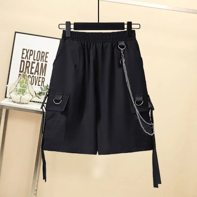 Black Buckle Pocket Vest T-Shirt Chain Cargo Shorts Pants