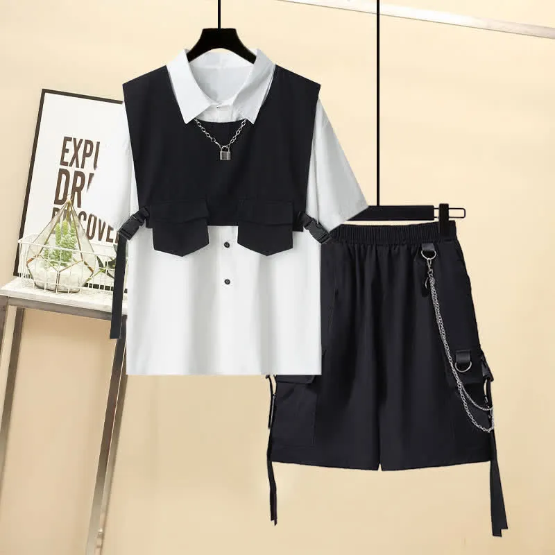 Black Buckle Pocket Vest T-Shirt Chain Cargo Shorts Pants
