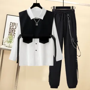 Black Buckle Pocket Vest T-Shirt Chain Cargo Shorts Pants