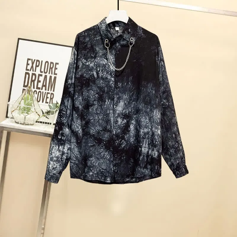 Black Gothic Lapel Blazer Tie Dye Chain Shirt Belted Pants K19787