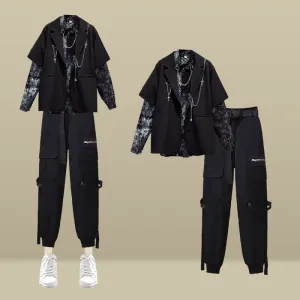 Black Gothic Lapel Blazer Tie Dye Chain Shirt Belted Pants K19787