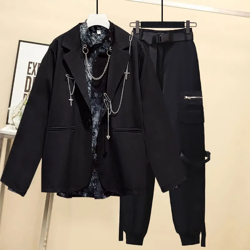 Black Gothic Lapel Blazer Tie Dye Chain Shirt Belted Pants K19787