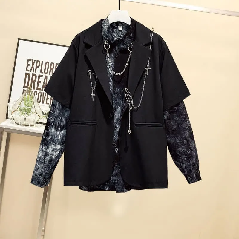Black Gothic Lapel Blazer Tie Dye Chain Shirt Belted Pants K19787