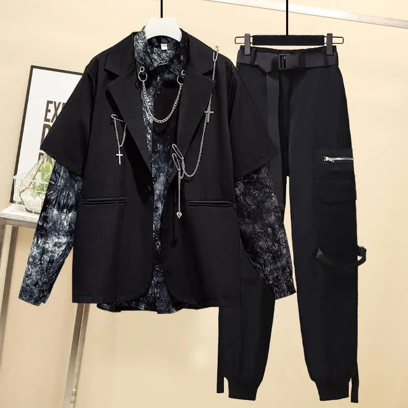 Black Gothic Lapel Blazer Tie Dye Chain Shirt Belted Pants K19787