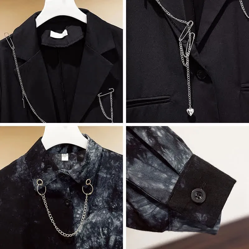 Black Gothic Lapel Blazer Tie Dye Chain Shirt Belted Pants K19787