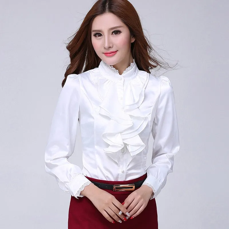 Blouse shirt Women Fashion Blouses Pink Casual Shirts Elegant Ruffled Collar White Office Female Clothing Spring Tops