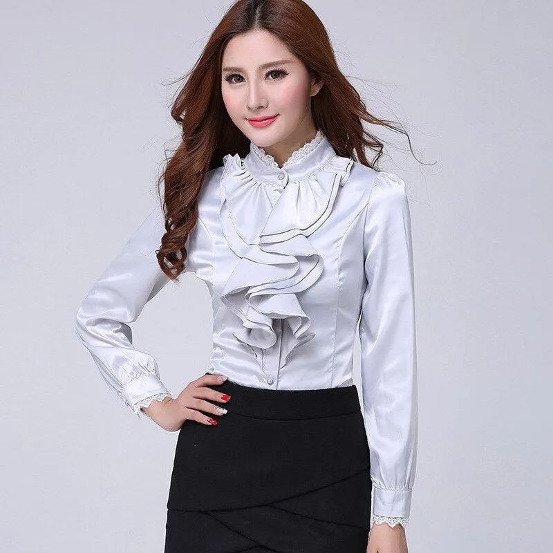 Blouse shirt Women Fashion Blouses Pink Casual Shirts Elegant Ruffled Collar White Office Female Clothing Spring Tops