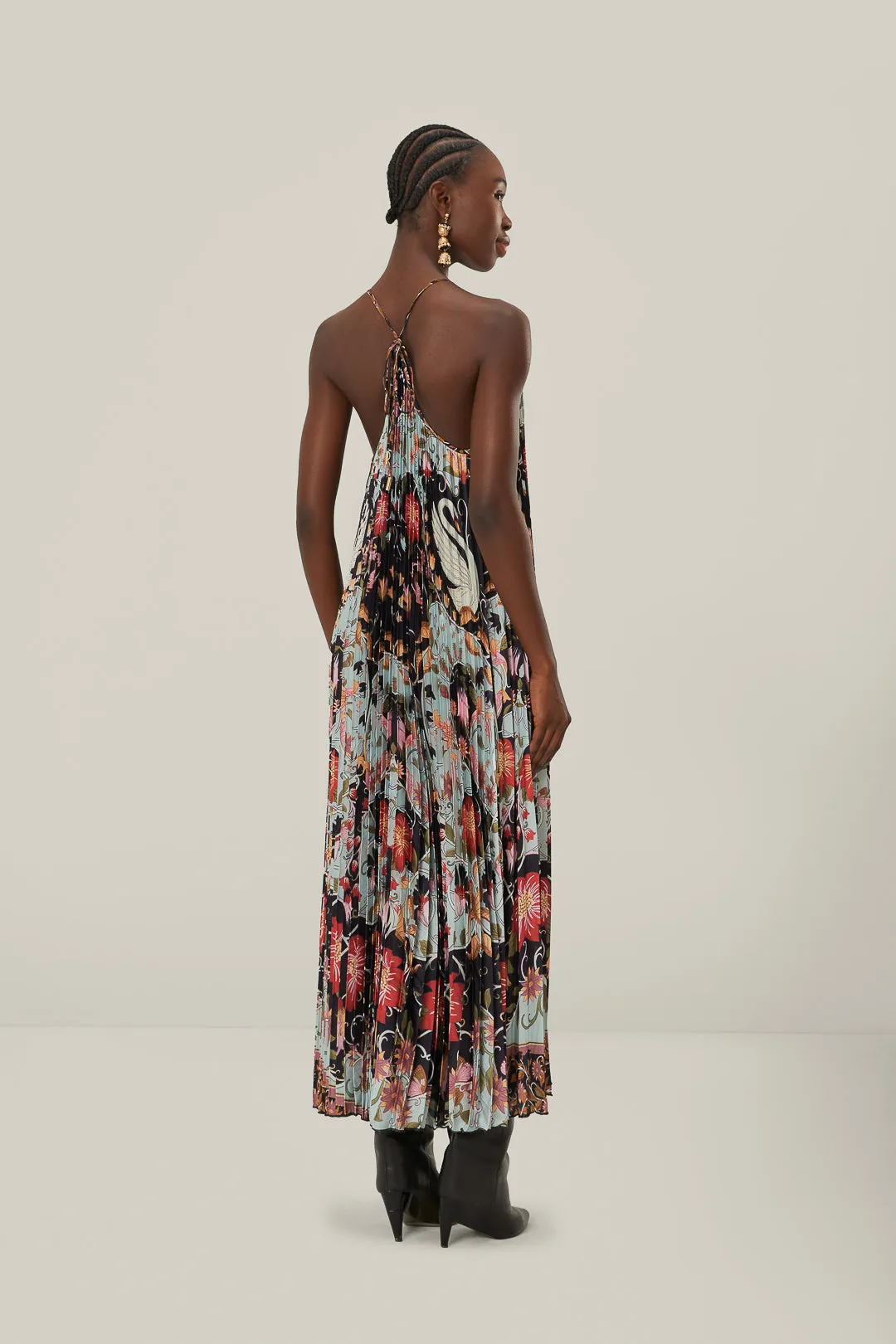 Blue Flowing Beauty Pleated Sleeveless Midi Dress