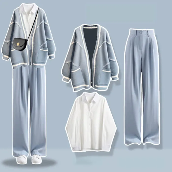 Blue Letter Cardigan Sweater Lapel Shirt Denim Pants Set