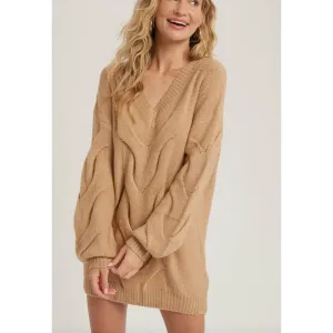 Camel Spiral Twist Cable Tunic Sweater