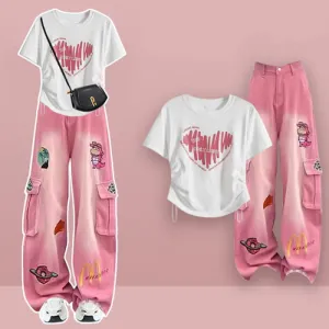 Cartoon Pink Heart T-shirt Cargo Pants