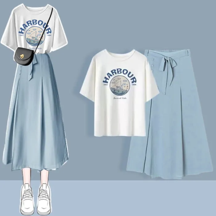 Chic Printed T-Shirt Chiffon Lace Up Split Pants Set