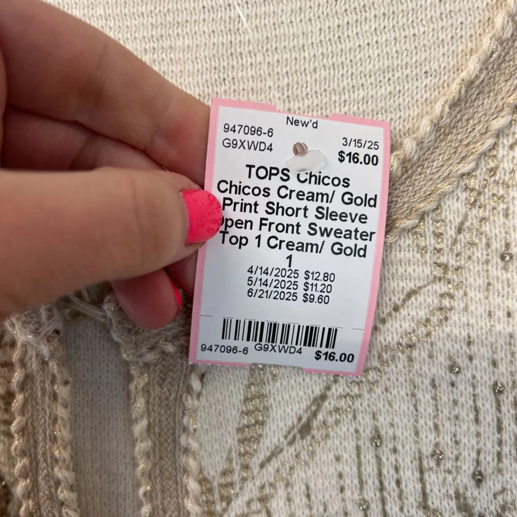 Chicos Cream/ Gold Print Short Sleeve Open Front Sweater Top 1