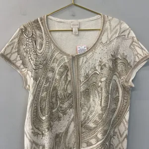 Chicos Cream/ Gold Print Short Sleeve Open Front Sweater Top 1