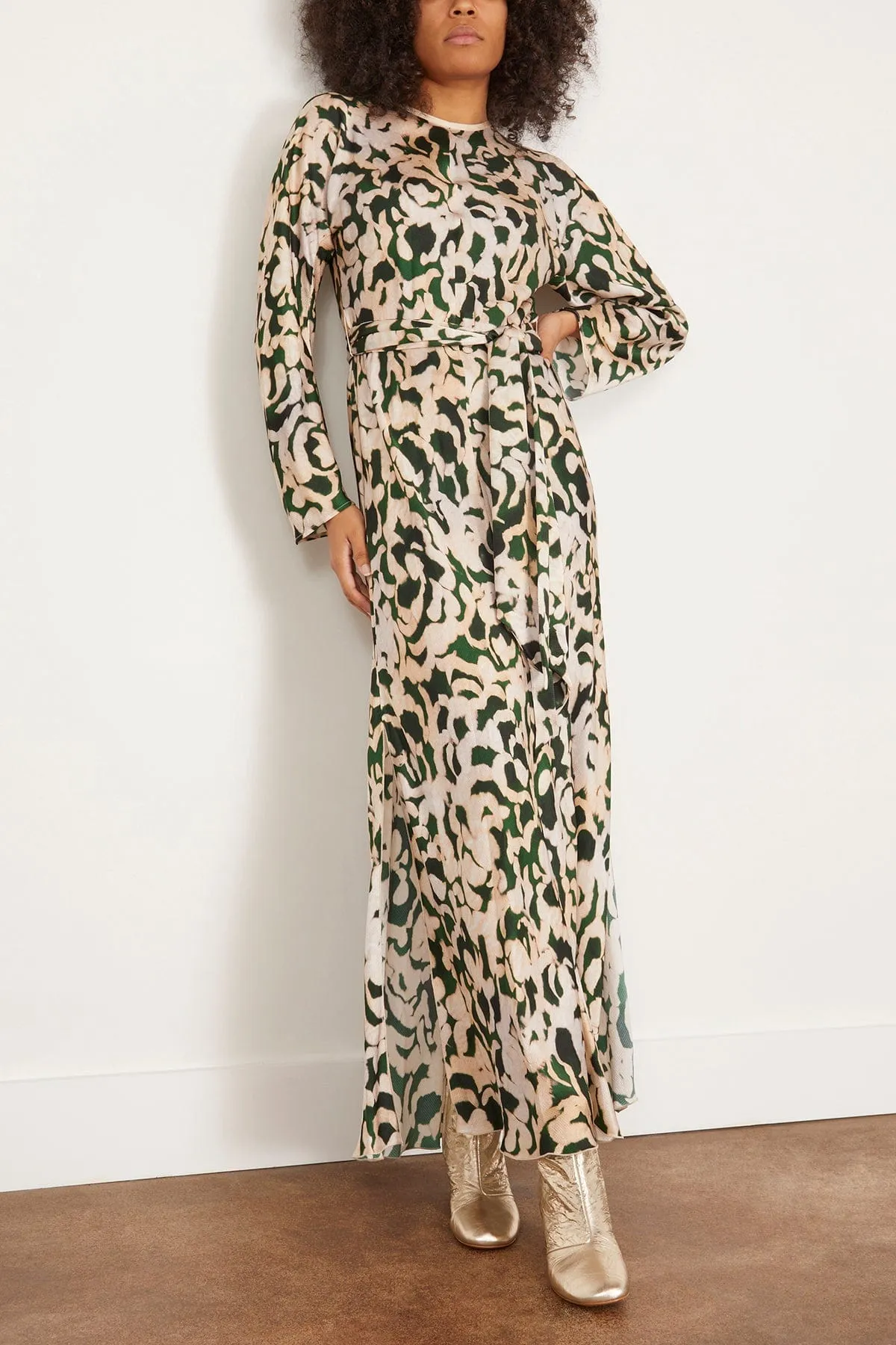Cloque Satin Long Sleeve Dress in Malachite