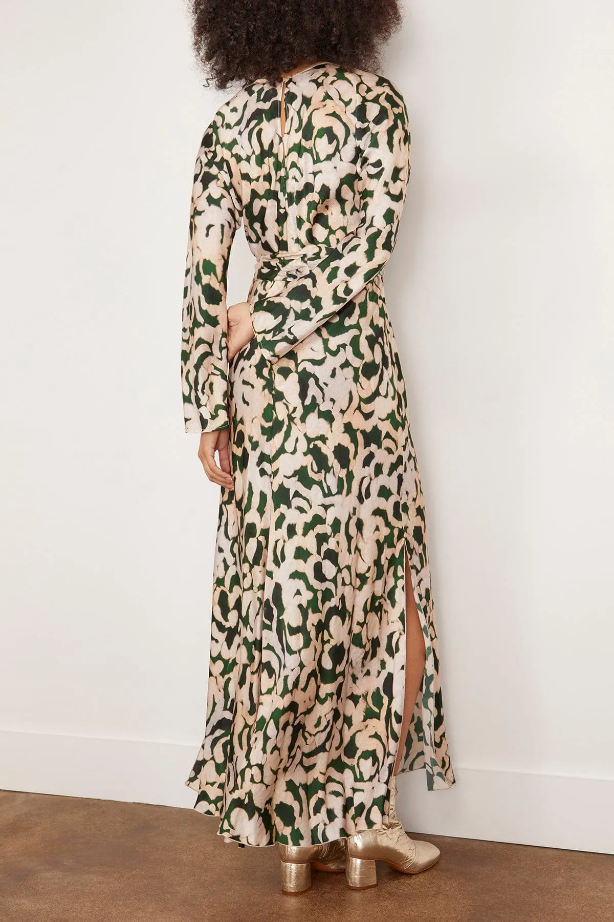 Cloque Satin Long Sleeve Dress in Malachite
