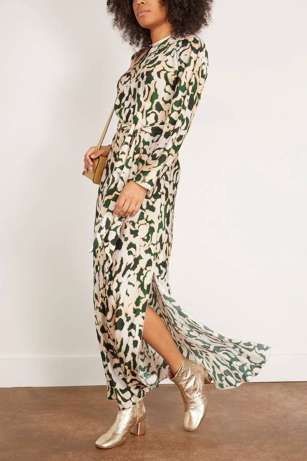 Cloque Satin Long Sleeve Dress in Malachite