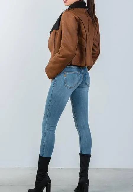 Cognac Faux Suede Sheepskin Sherpa Lined Jacket