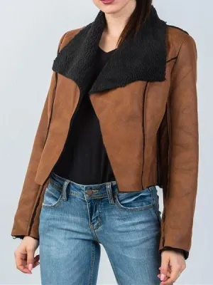 Cognac Faux Suede Sheepskin Sherpa Lined Jacket