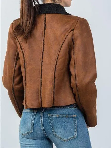 Cognac Faux Suede Sheepskin Sherpa Lined Jacket