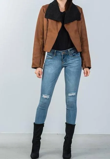 Cognac Faux Suede Sheepskin Sherpa Lined Jacket