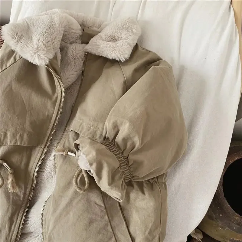 Cozy Khaki Lamb Wool Blend Parkas