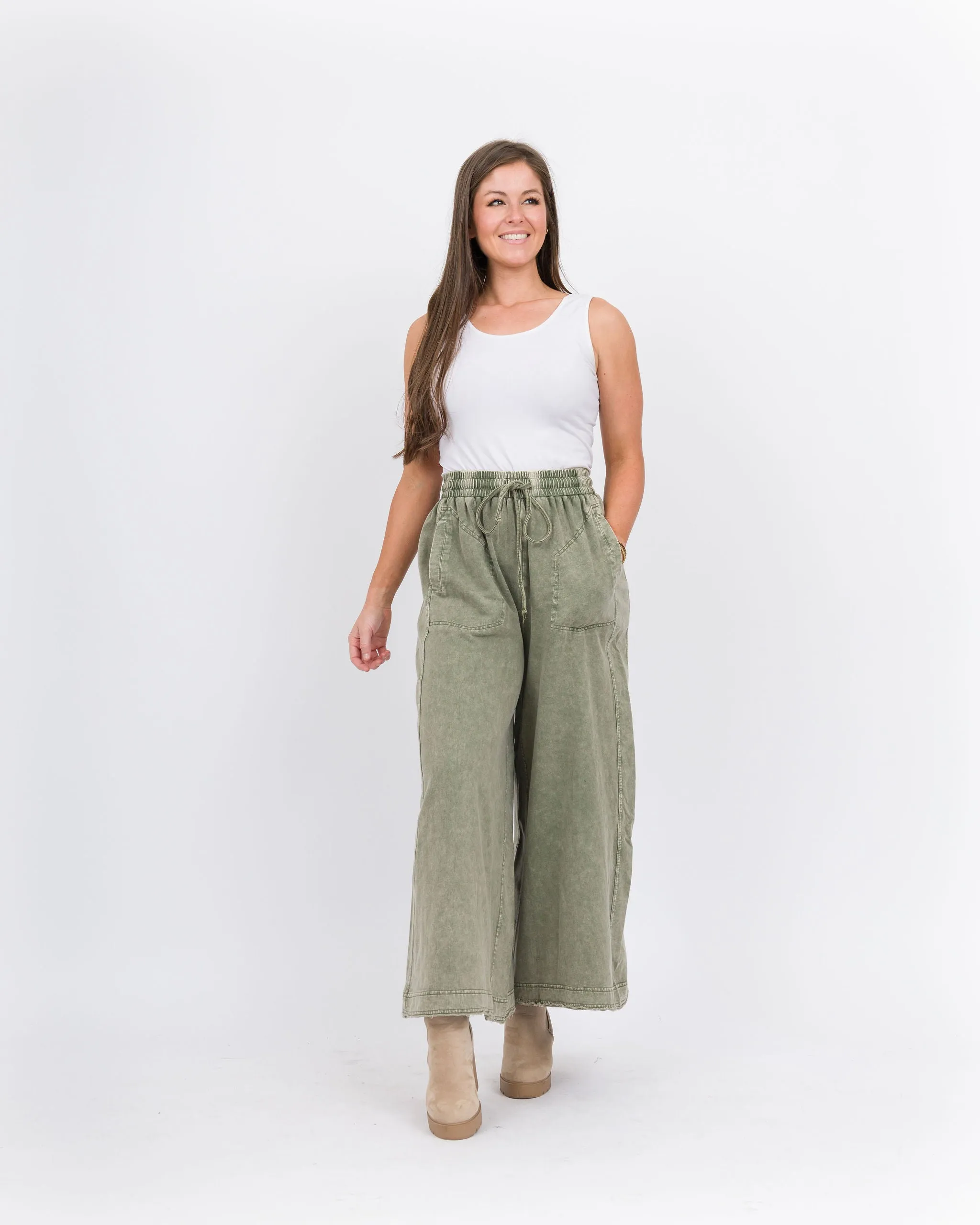 Dana Wide Leg Terry Pant - Olive