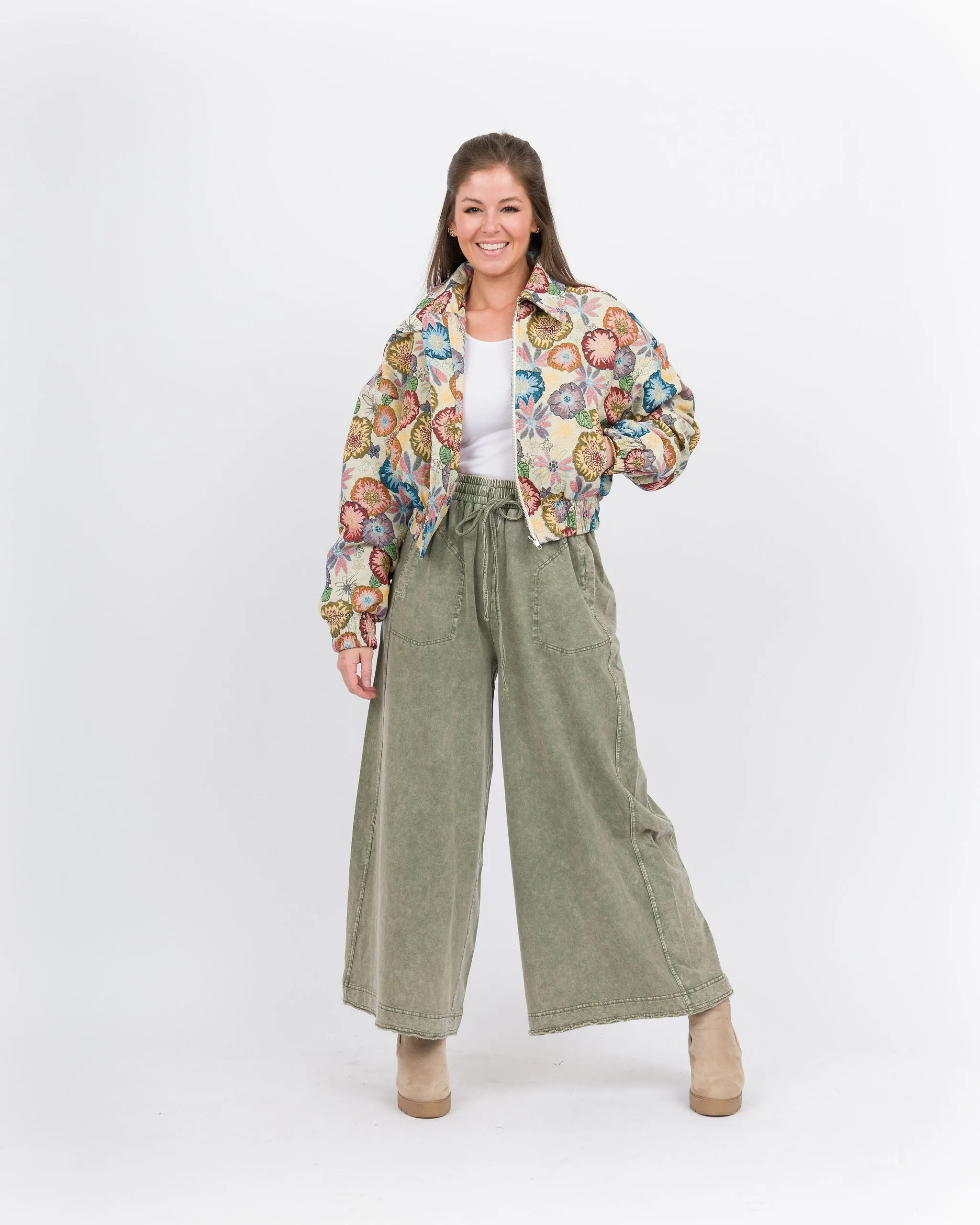Dana Wide Leg Terry Pant - Olive