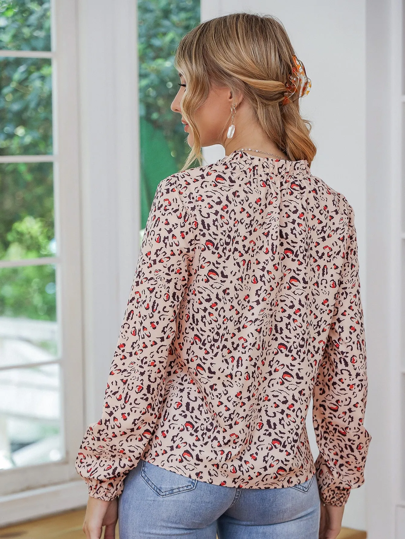 Elegant All Over Print Long Sleeve Notched Regular Blouse
