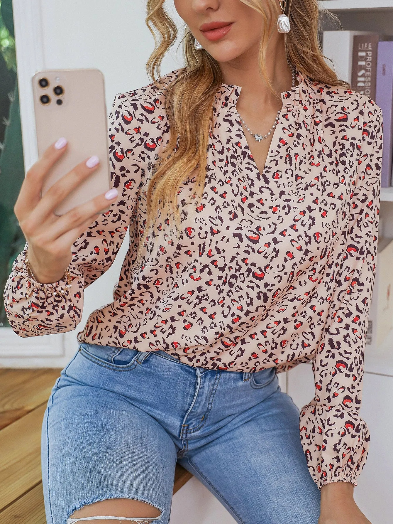 Elegant All Over Print Long Sleeve Notched Regular Blouse