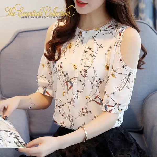 Elegant Chiffon Print Floral Open Shoulder Tops Blouses Plus Size