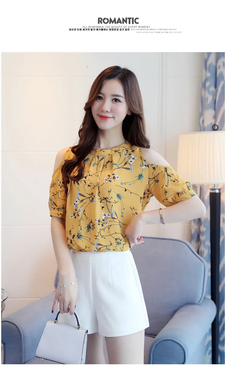 Elegant Chiffon Print Floral Open Shoulder Tops Blouses Plus Size