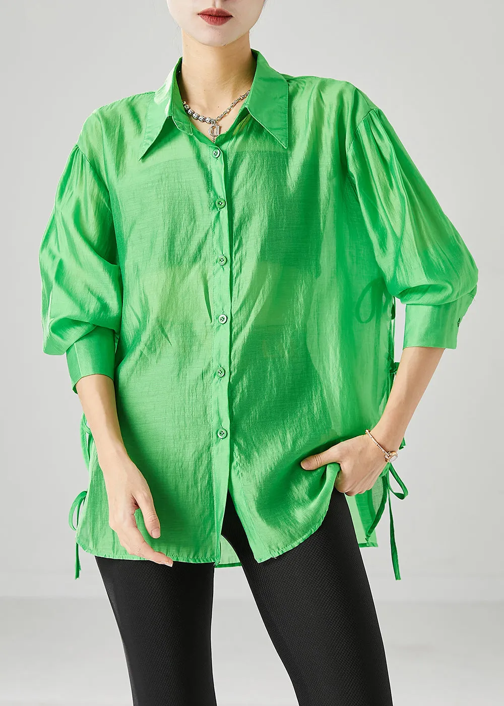 Elegant Fluorescent Green Lace Up Silk Blouses Fall ML2429